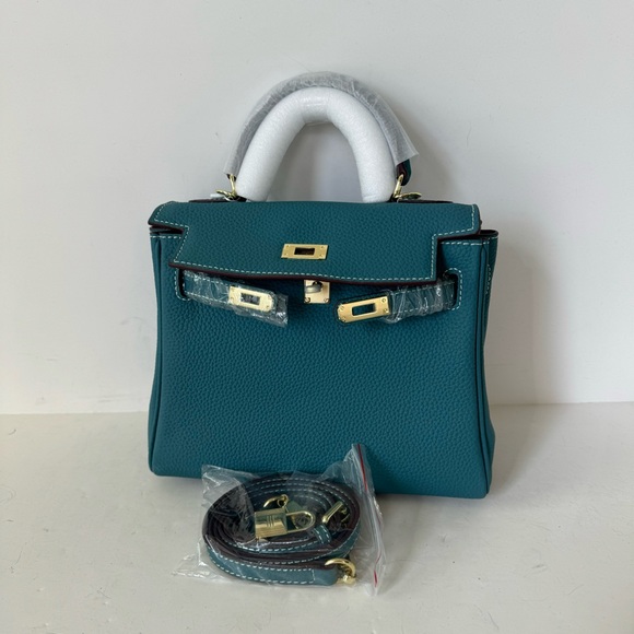 Teal Colbalt Bleu Jean 25 Leather Belted KL Bag w/ Gold HW Crossbody Satchel B13 - Picture 9 of 13
